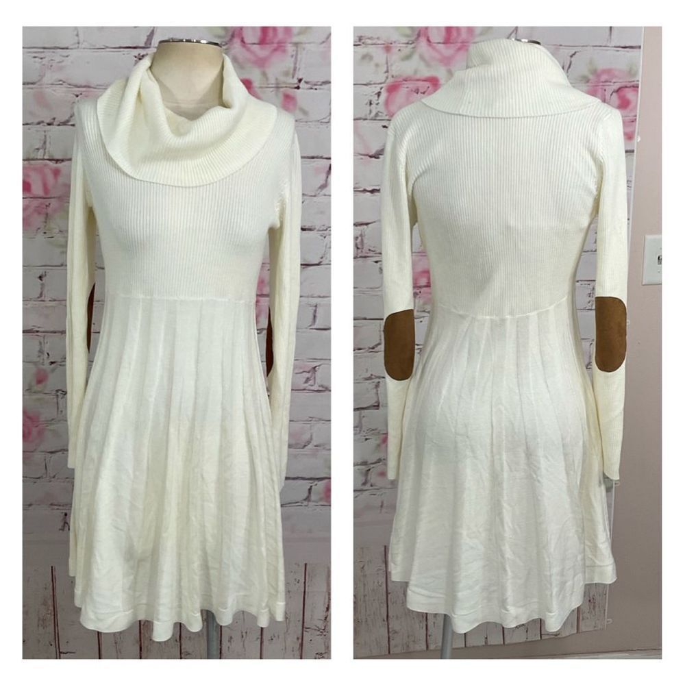 Calvin Klein white cowl neck elbow pad sweater dress